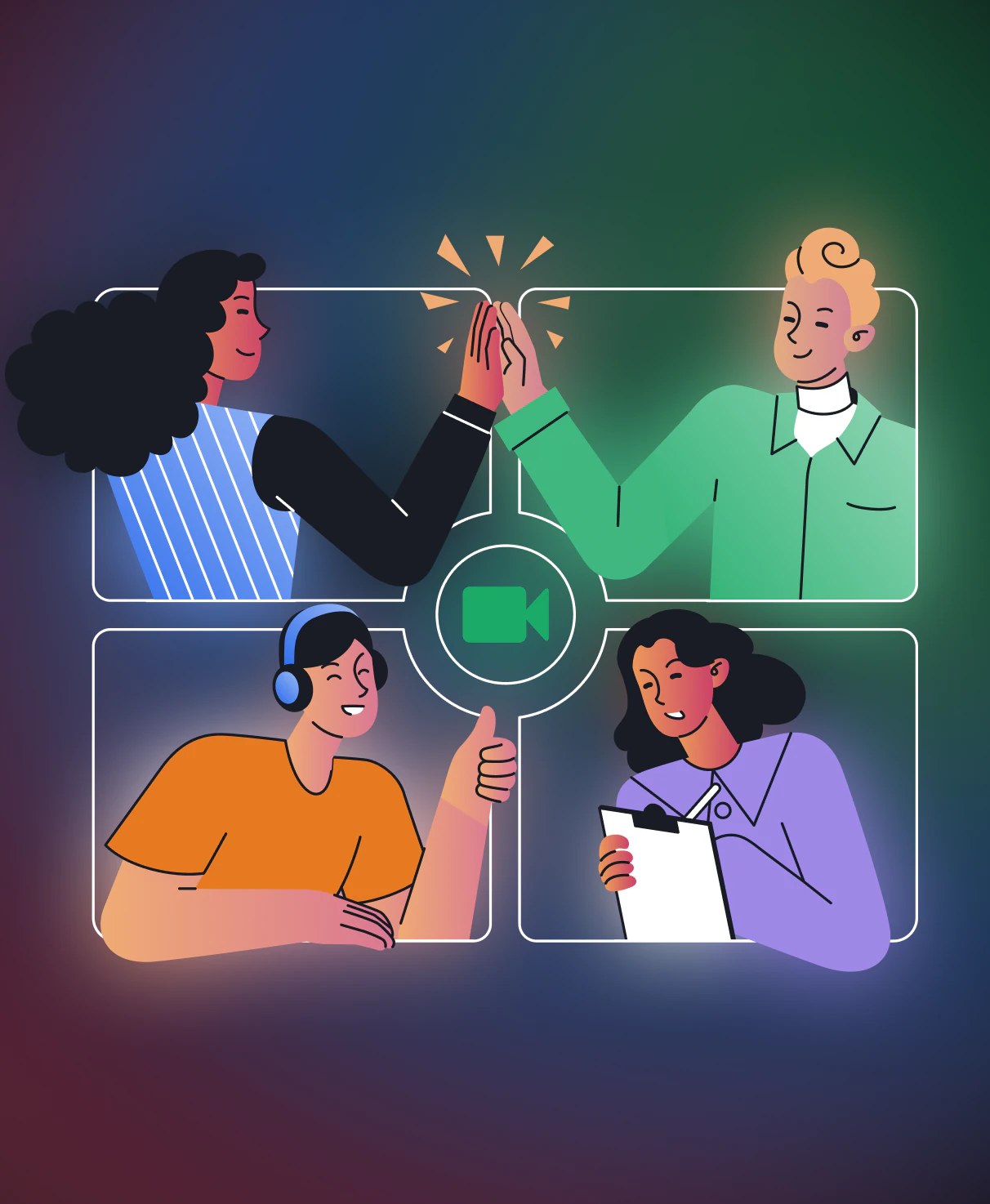 Illustration of professionals collaborating in a video call