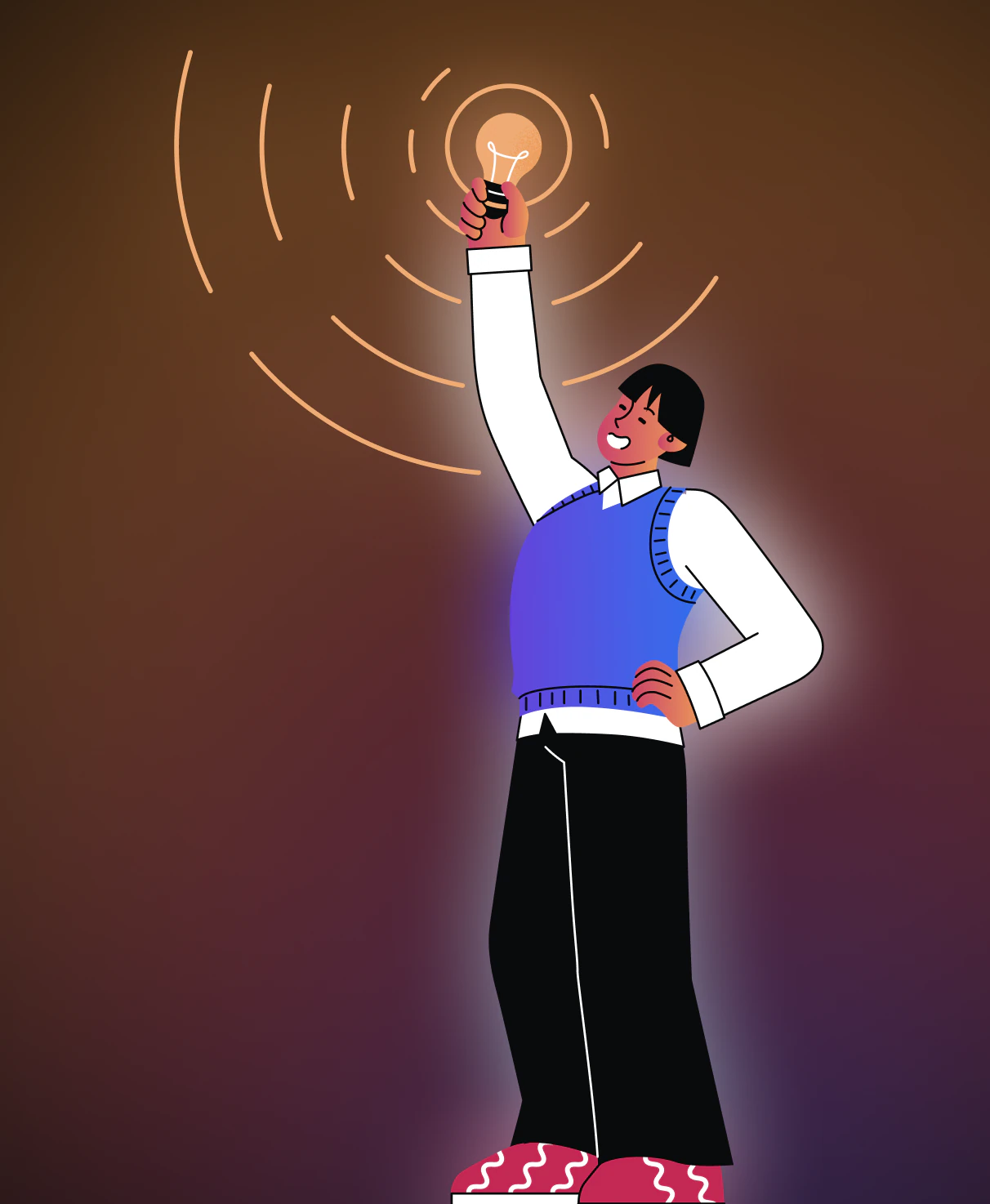 Illustration of a student raising a light bulb toward new ideas