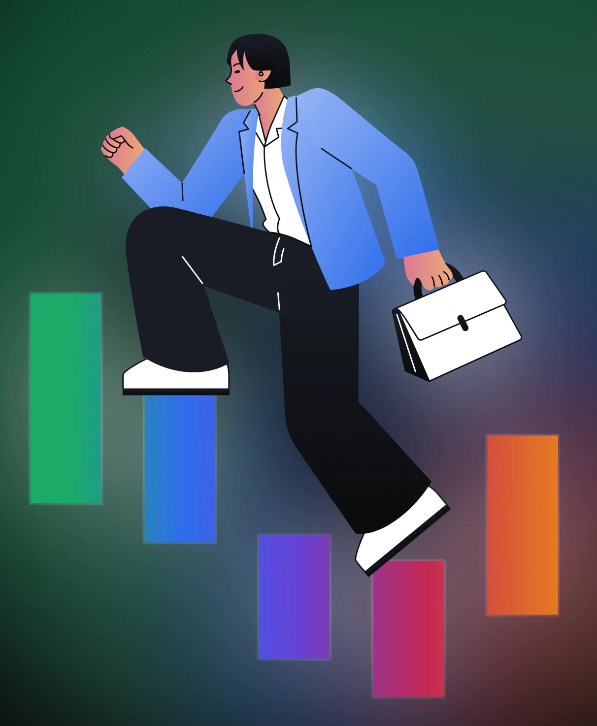 Illustration of a professional balancing on colorful blocks while carrying a briefcase