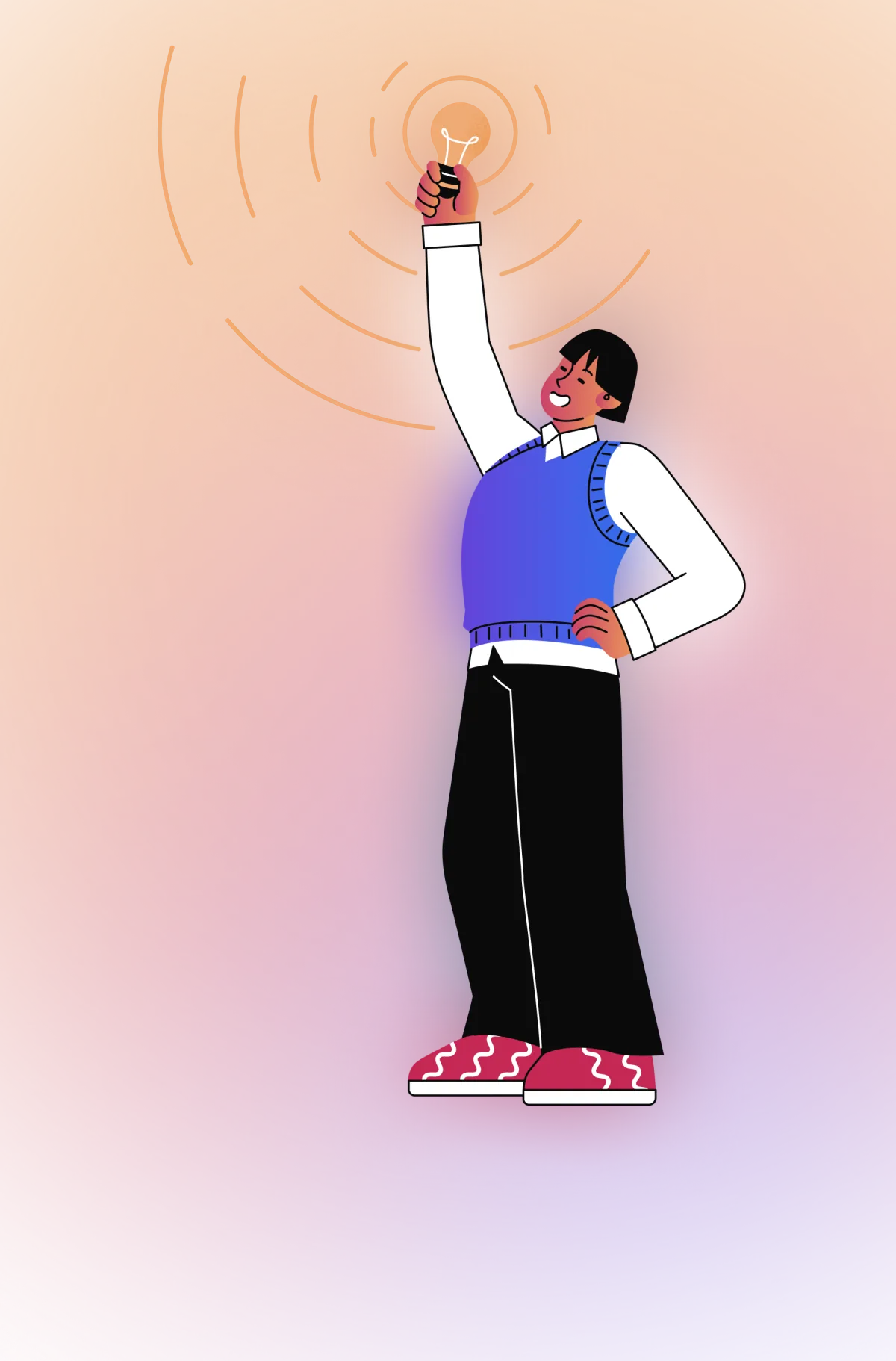 Illustration of a student raising a light bulb toward new ideas