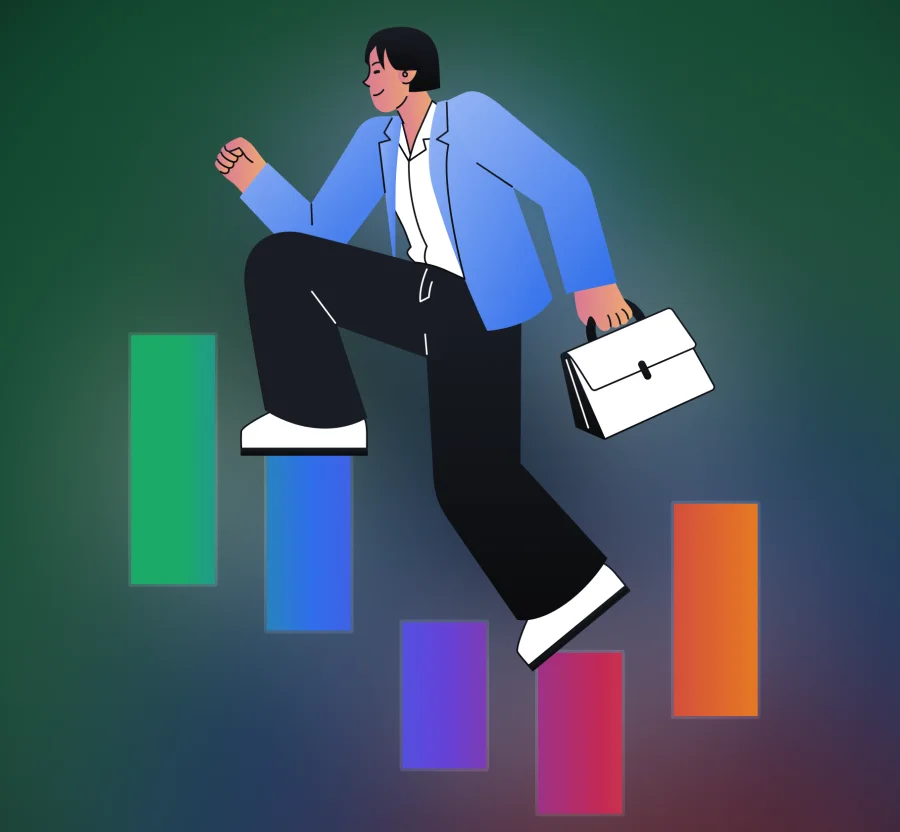 Illustration of a professional balancing on colorful blocks while carrying a briefcase