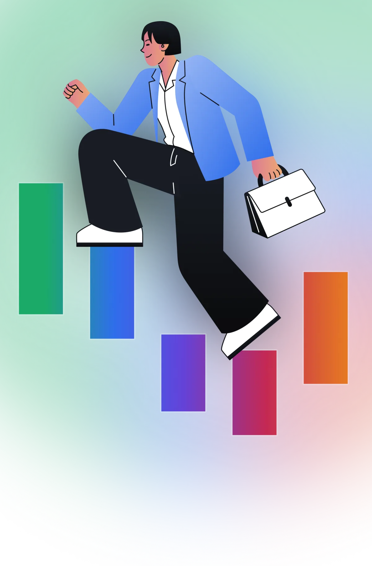 Illustration of a professional balancing on colorful blocks while carrying a briefcase