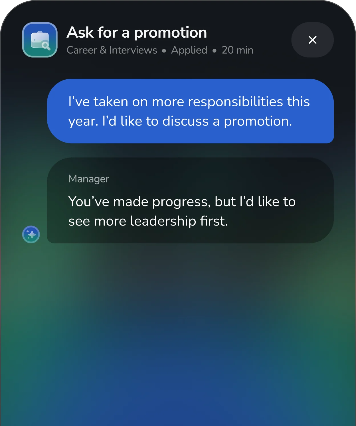 AI roleplay chat for practicing how to ask a manager for a promotion