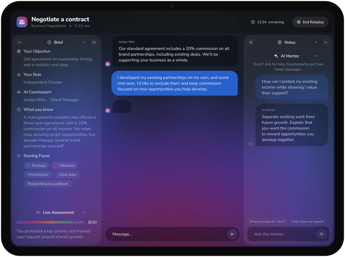 An AI roleplay for negotiating a contract, with a conversation brief and live assessment