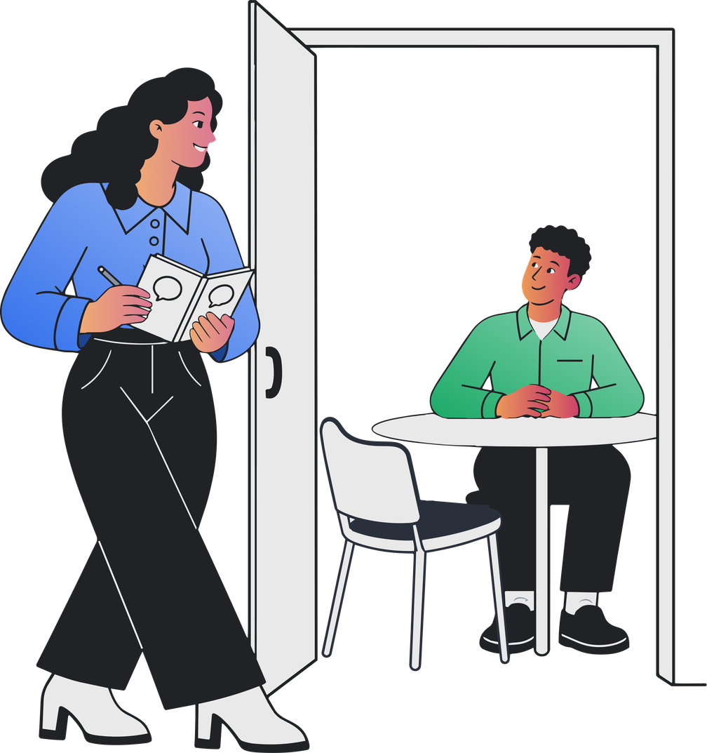 A professional preparing for a conversation with a person seated across an open doorway