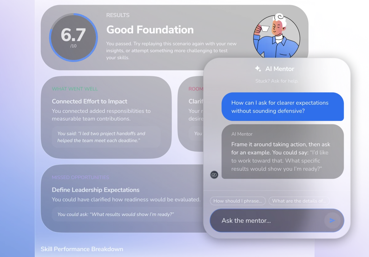 Feedback, AI Mentor guidance, and download controls for a practice session